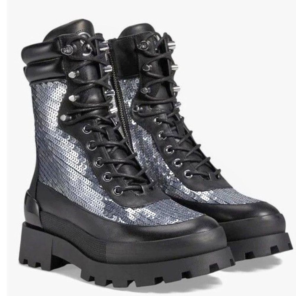 MICHAEL KORS 9M Black SILVER Sequin Combat Boots - Women's Chunky Lace-Up Boot
